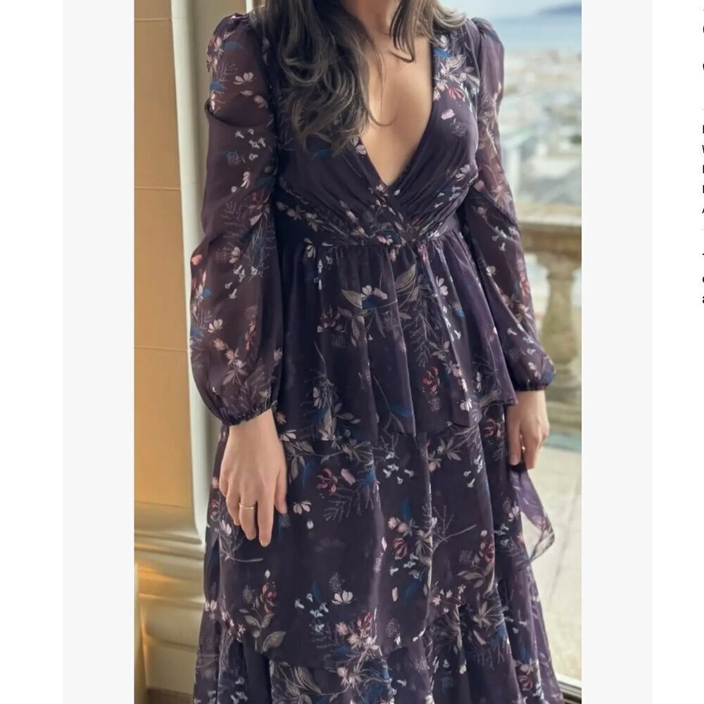 Ieena for Mac Duggal Purple Floral Long Sleeve Tiered Gown Size 0 - Picture 6 of 14
